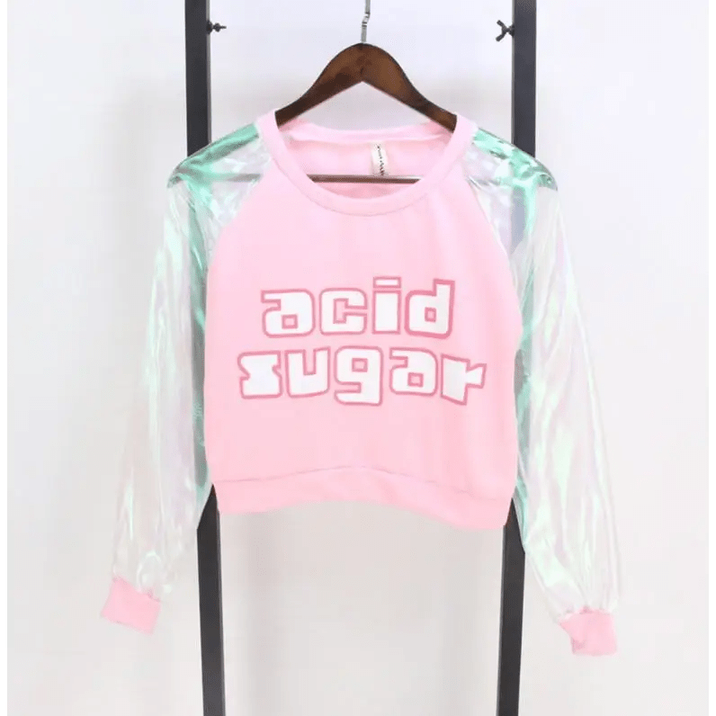 Holographic Acid Sugar Crop Top Sweater with Rainbow Sleeves - Cosparty