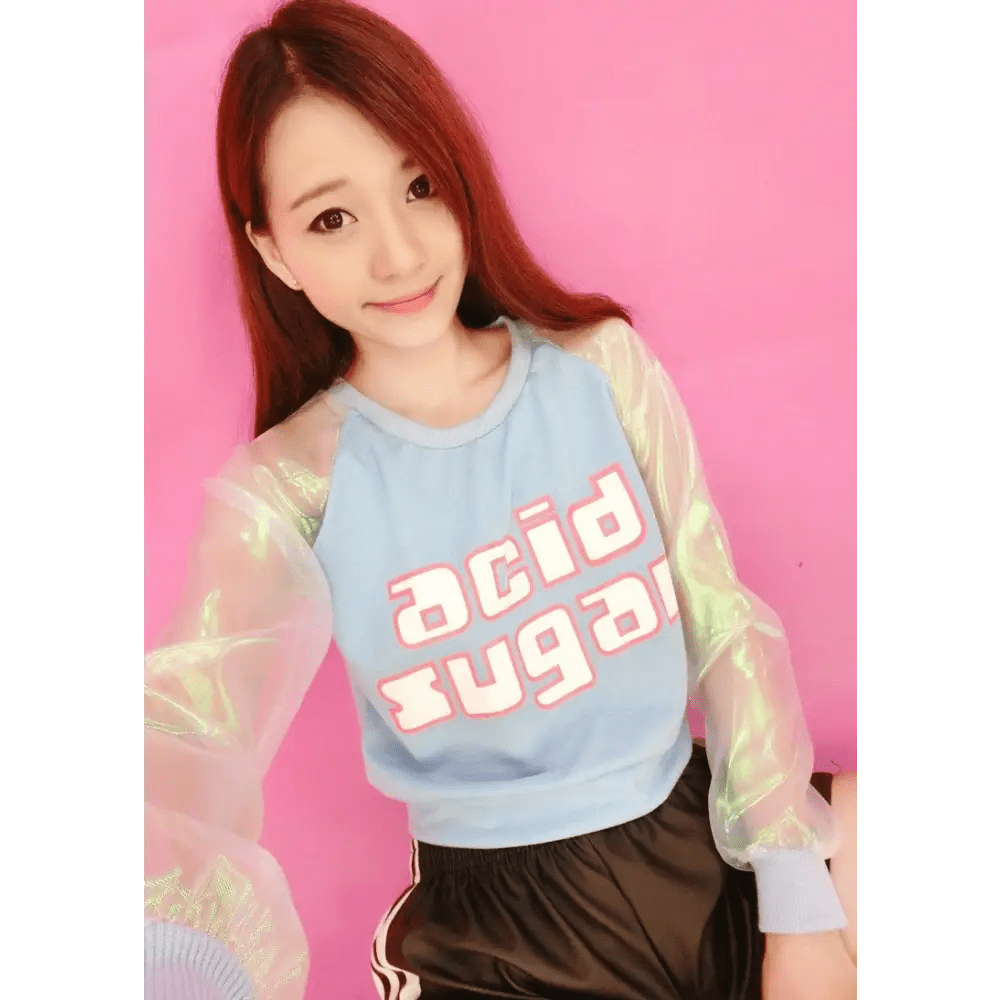 Holographic Acid Sugar Crop Top Sweater with Rainbow Sleeves - Cosparty