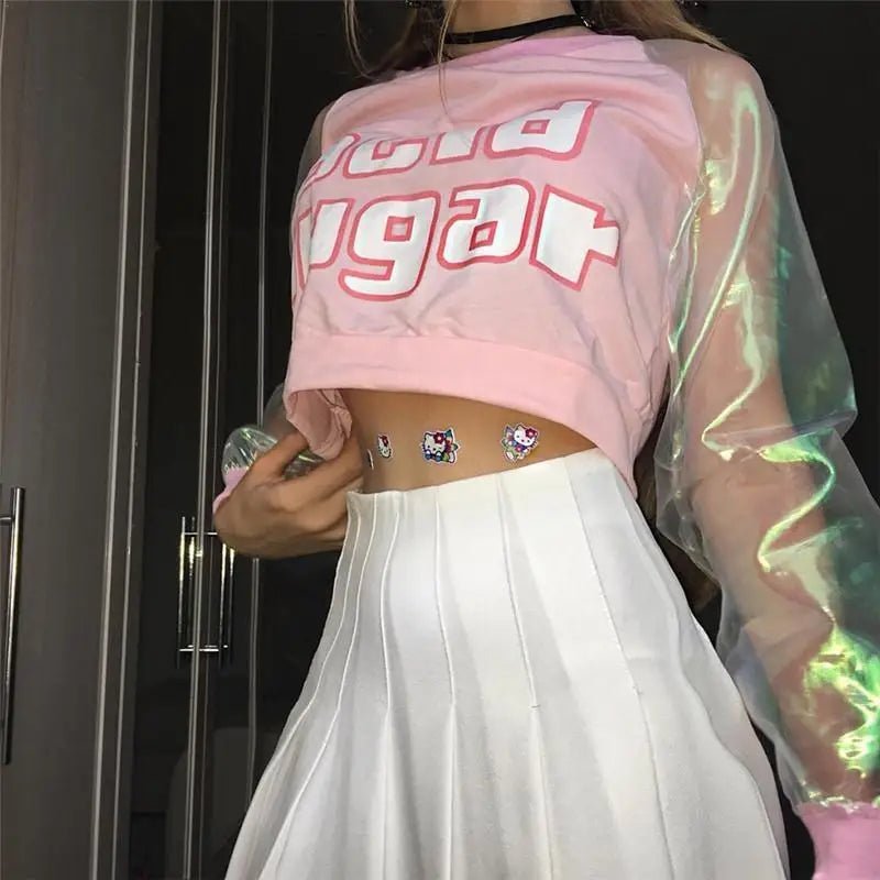 Holographic Acid Sugar Crop Top Sweater with Rainbow Sleeves - Cosparty