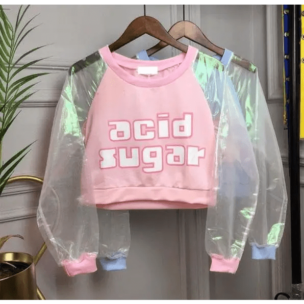 Holographic Acid Sugar Crop Top Sweater with Rainbow Sleeves - Cosparty