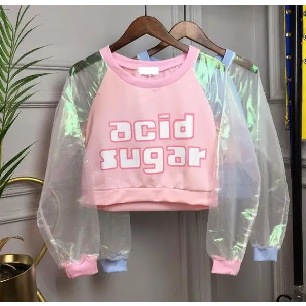 Holographic Acid Sugar Crop Top Sweater with Rainbow Sleeves - Sweater