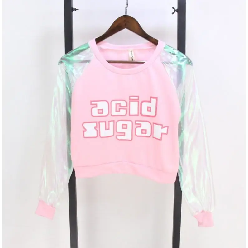 Holographic Acid Sugar Crop Top Sweater with Rainbow Sleeves - Sweater