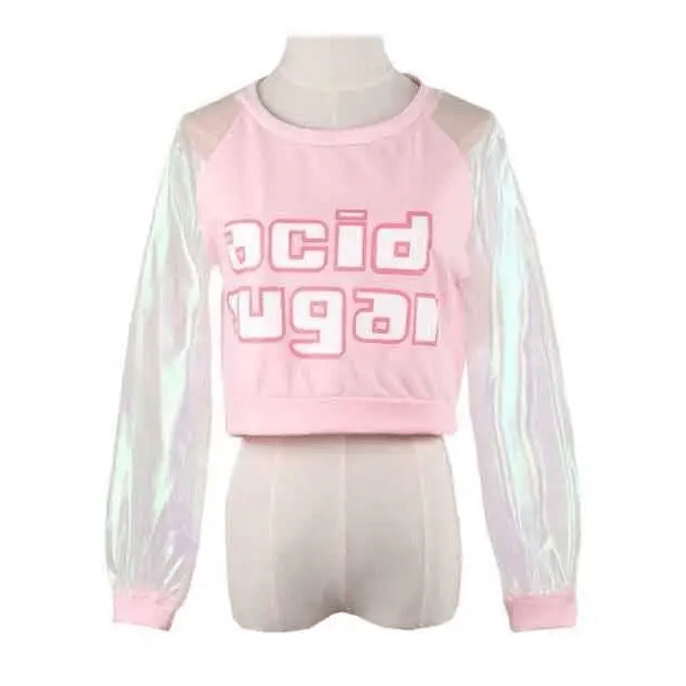Holographic Acid Sugar Crop Top Sweater with Rainbow Sleeves - Cosparty