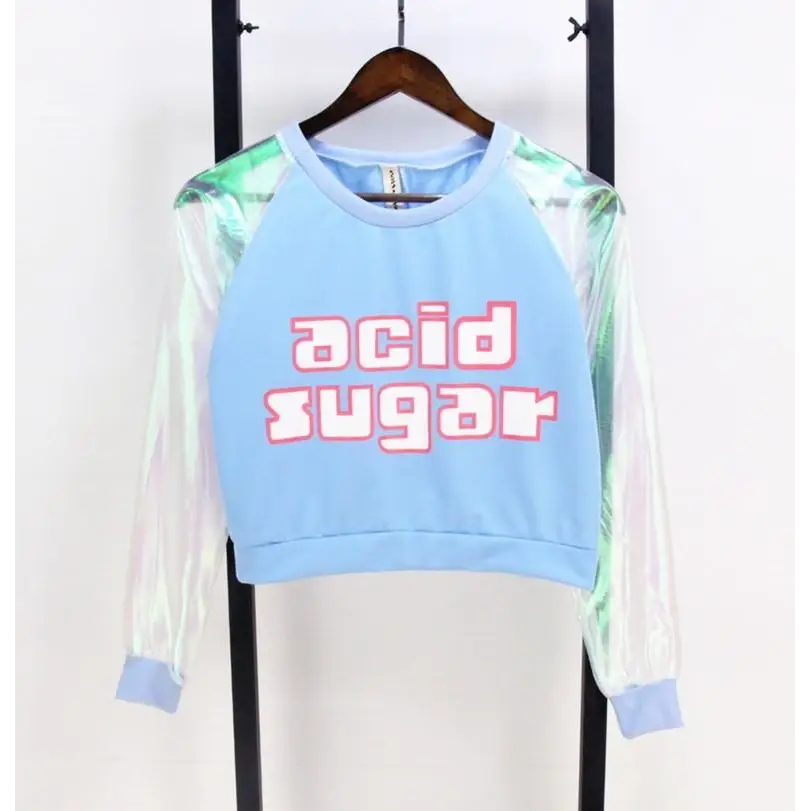 Holographic Acid Sugar Crop Top Sweater with Rainbow Sleeves - Sweater