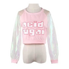 Holographic Acid Sugar Crop Top Sweater with Rainbow Sleeves - Sweater