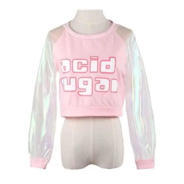 Holographic Acid Sugar Crop Top Sweater with Rainbow Sleeves - Sweater