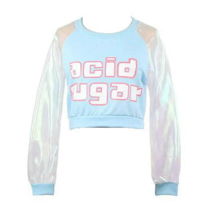 Holographic Acid Sugar Crop Top Sweater with Rainbow Sleeves - Sweater