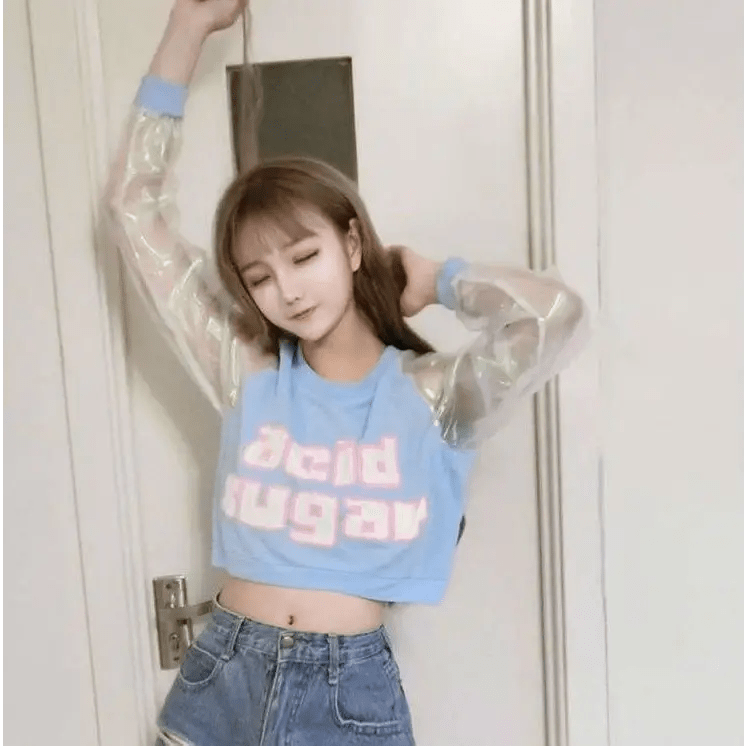Holographic Acid Sugar Crop Top Sweater with Rainbow Sleeves - Cosparty