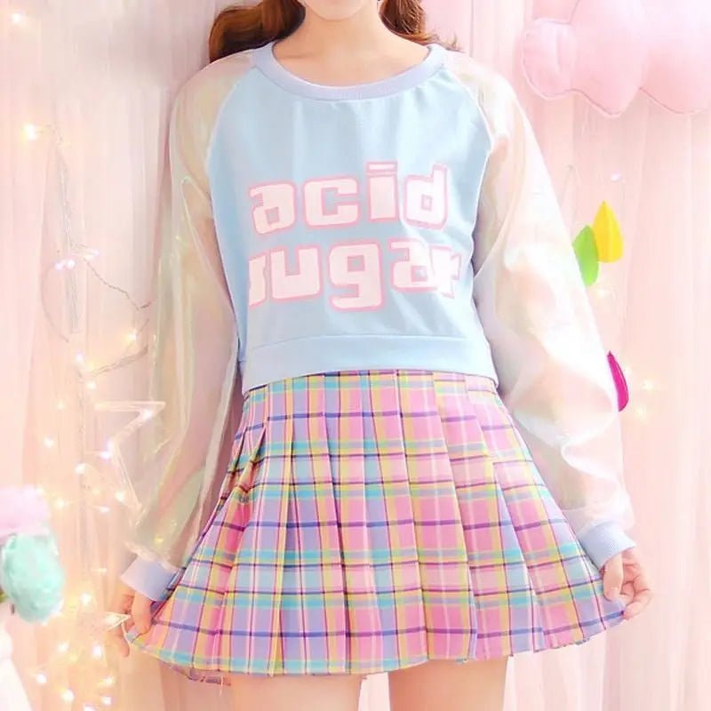 Holographic Acid Sugar Crop Top Sweater with Rainbow Sleeves - Cosparty