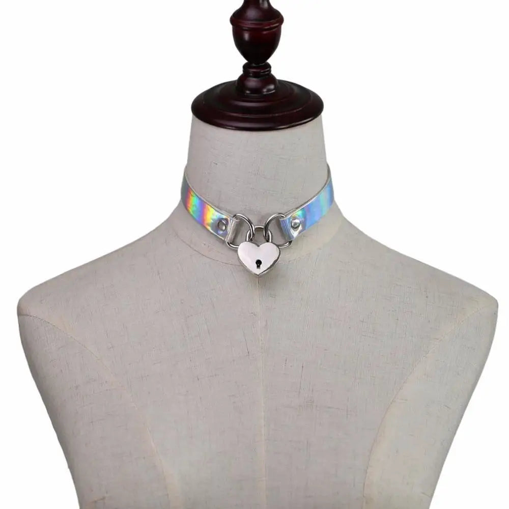 Holographic Lock and Key Choker Collar with Metal Locket - accessories