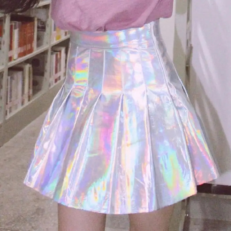 Holographic Pleated Silver Mini Skirt for Trendy J-Fashion Lovers - Skirts