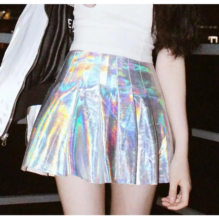 Holographic Pleated Silver Mini Skirt for Trendy J-Fashion Lovers - Skirts