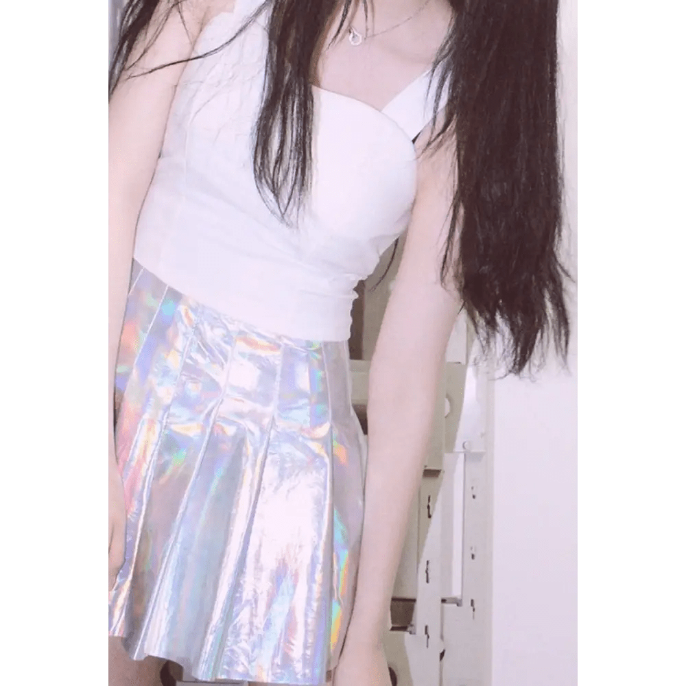 Holographic Pleated Silver Mini Skirt for Trendy J - Fashion Lovers - Cosparty