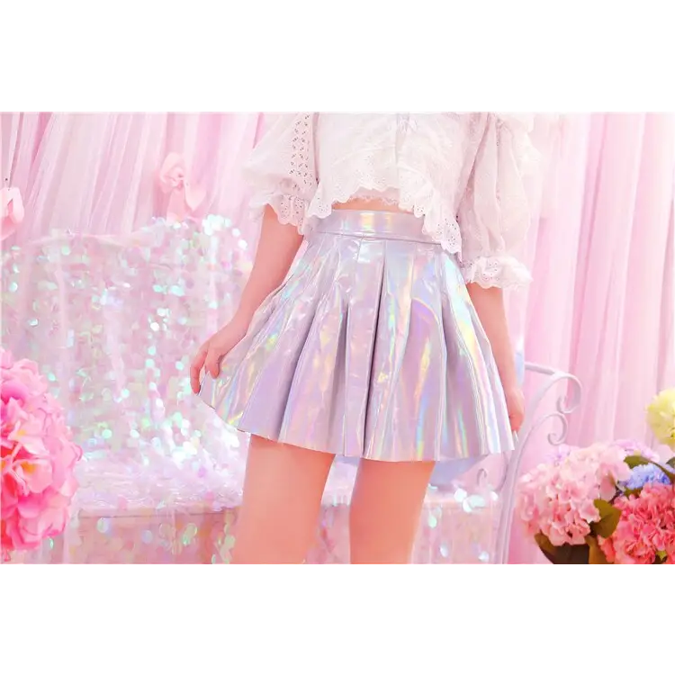 Holographic Pleated Silver Mini Skirt for Trendy Cosparty