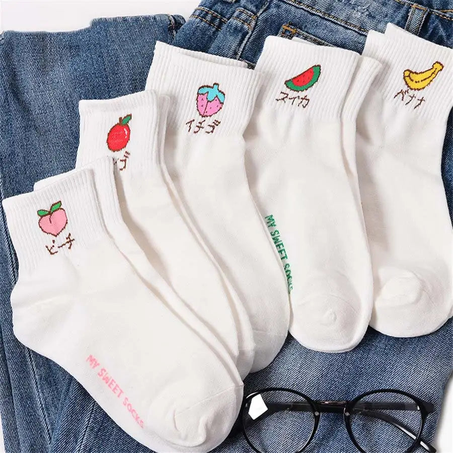 Japanese Fruit Inspired White Socks with Comfy Ankle Fit - Socks