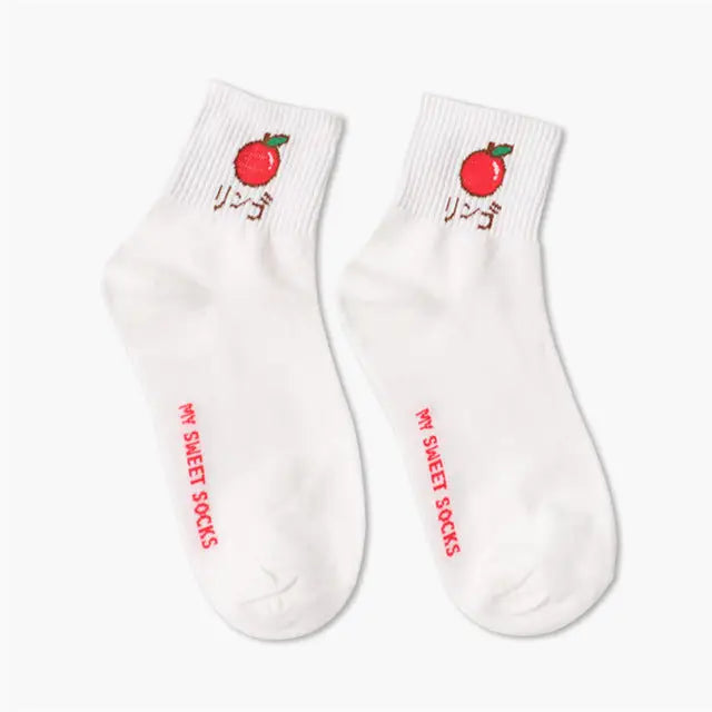 japan harajuku fashion white fruit ankle socks sweat socks strawberry banana peach apple watermelon  by Cosparty