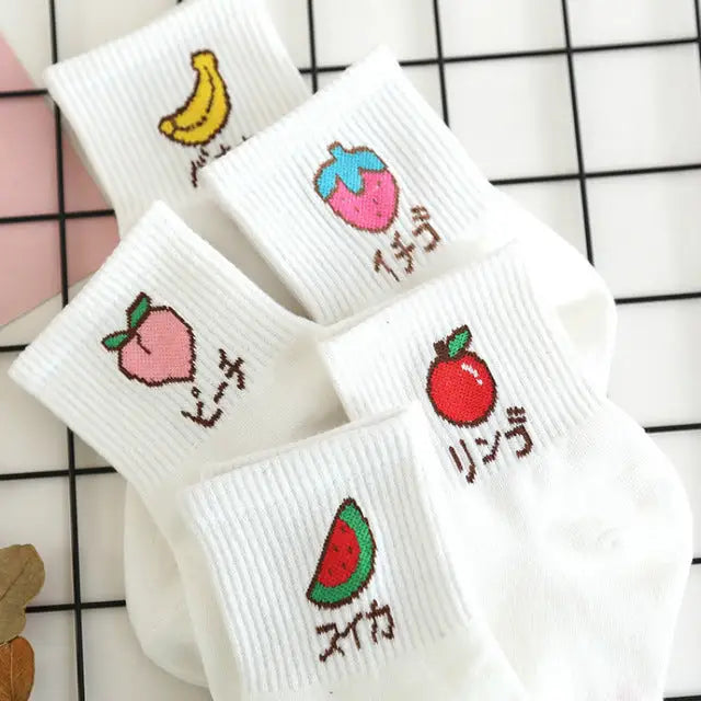 Japanese Fruit Inspired White Socks with Comfy Ankle Fit - Socks