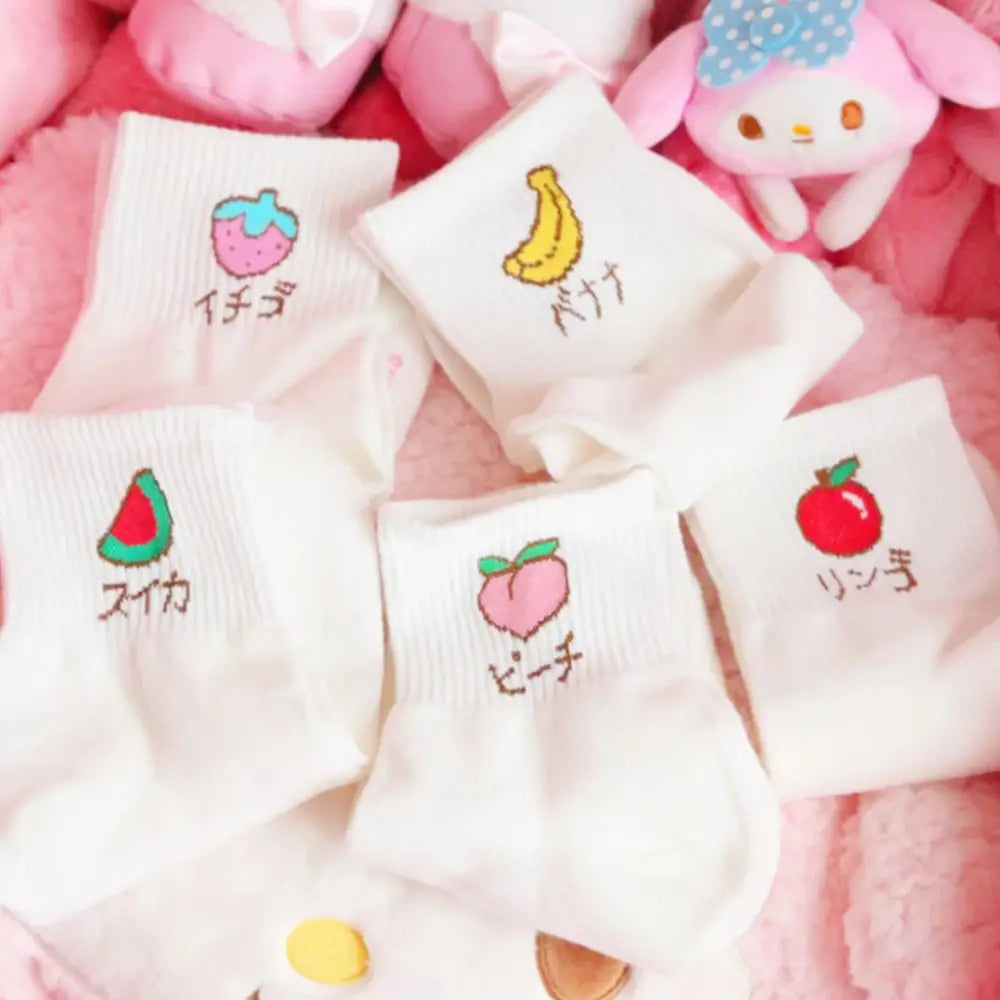 Japanese Fruit Inspired White Socks with Comfy Ankle Fit - Socks