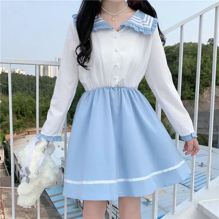 Japanese School Girl Dress with Sailor Collar and Flowing Skirt - dress