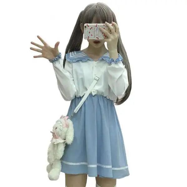 Japanese School Girl Dress with Sailor Collar and Flowing Skirt - dress