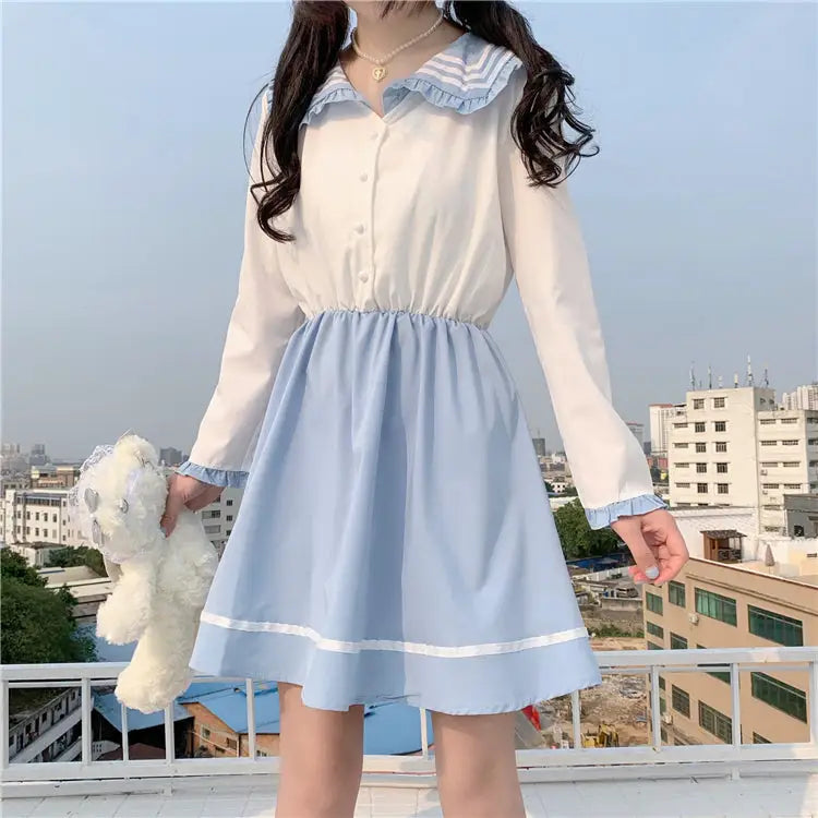 Japanese School Girl Dress with Sailor Collar and Flowing Skirt - dress