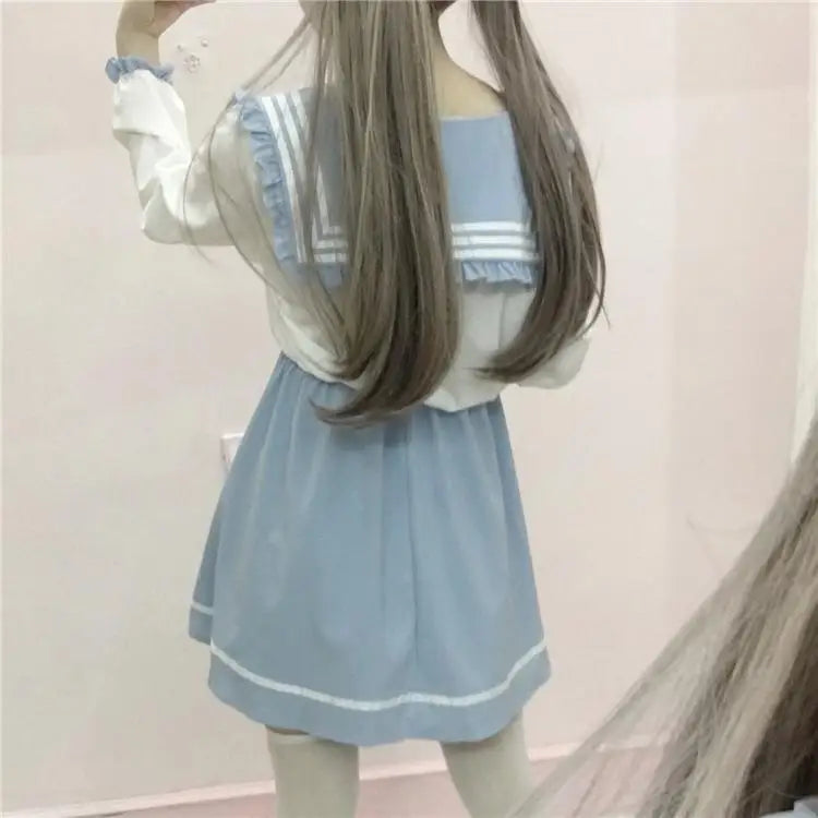 Japanese School Girl Dress with Sailor Collar and Flowing Skirt - dress