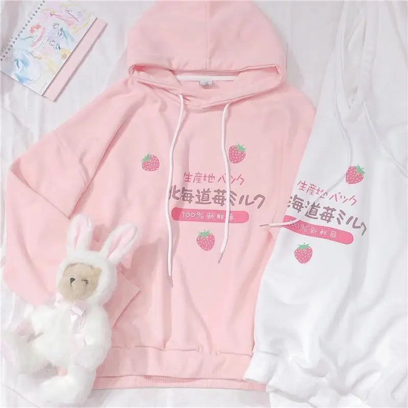 Japanese Strawberry Hoodie in Soft Pastel Pink Available - sweater