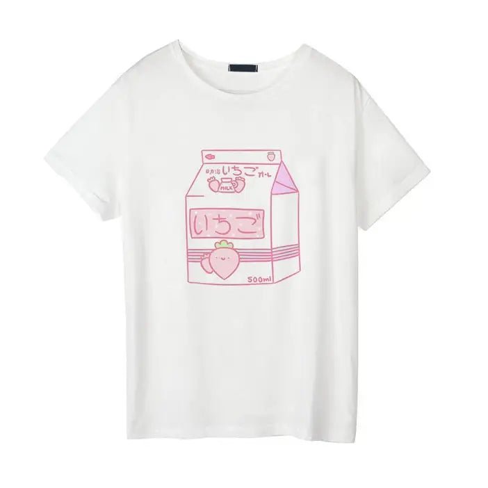 Japanese Strawberry Milk Kawaii T-Shirt in Soft Cotton - Cosparty