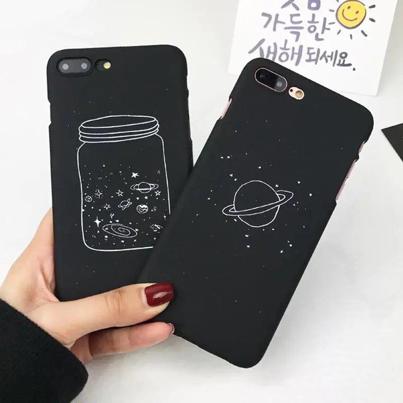 Jet Black Night Sky iPhone Cases with Solar System and Saturn Design - Cosparty