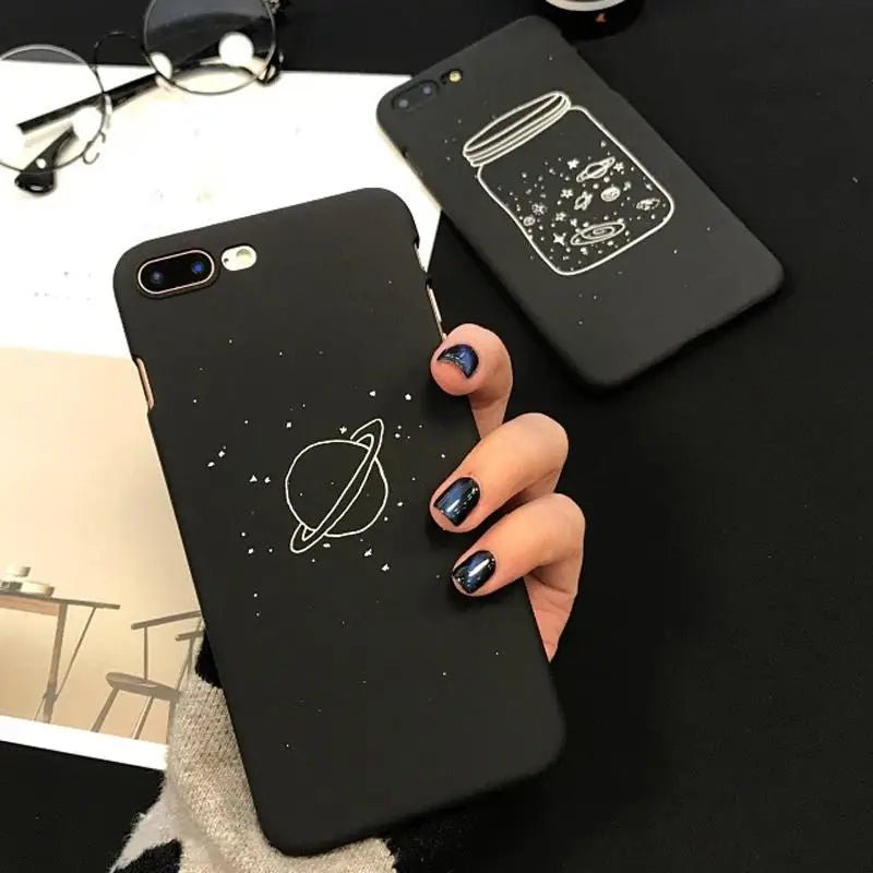 Jet Black Night Sky iPhone Cases with Solar System and Saturn Design - Cosparty