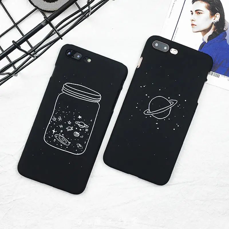 Jet Black Night Sky iPhone Cases with Solar System and Saturn Design - Cosparty