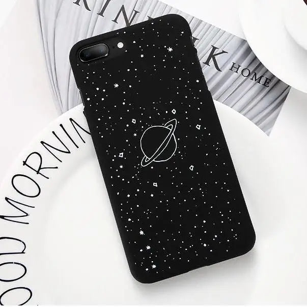 Jet Black Night Sky iPhone Cases with Solar System and Saturn Design - Cosparty