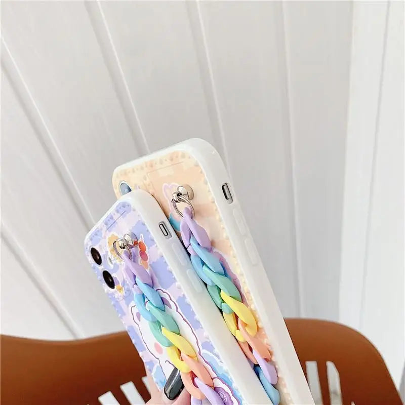 Kawaii Baby Bear iPhone Case with Pastel Rainbow Chain Strap - phone case