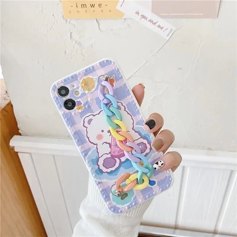 Kawaii Baby Bear iPhone Case with Pastel Rainbow Chain Strap - Cosparty