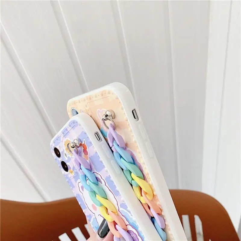 Kawaii Baby Bear iPhone Case with Pastel Rainbow Chain Strap - Cosparty