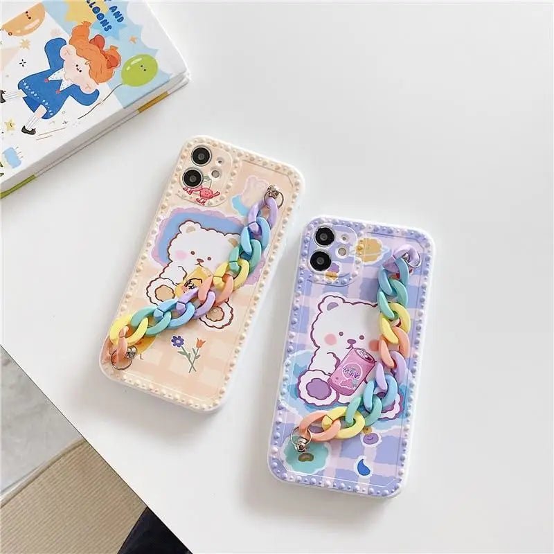 Kawaii Baby Bear iPhone Case with Pastel Rainbow Chain Strap - Cosparty