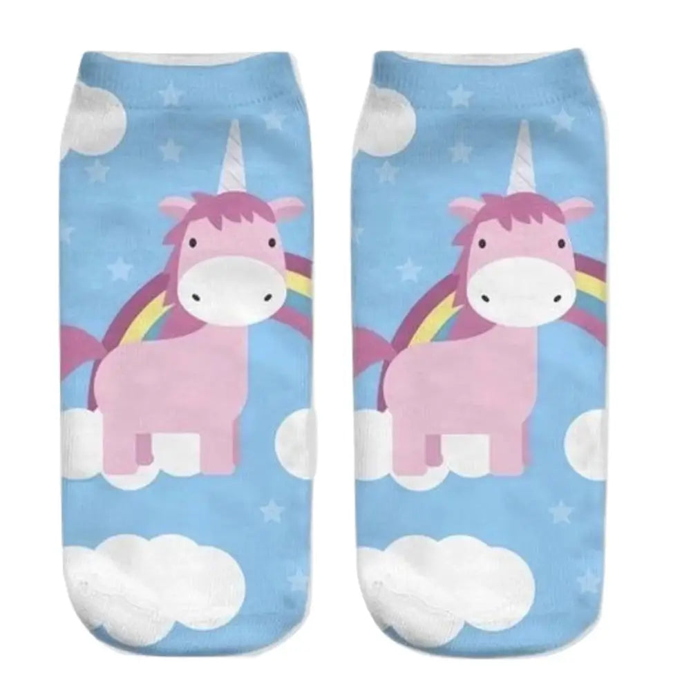 Kawaii Baby Blue Unicorn Ankle Socks with Rainbow and Clouds - Socks