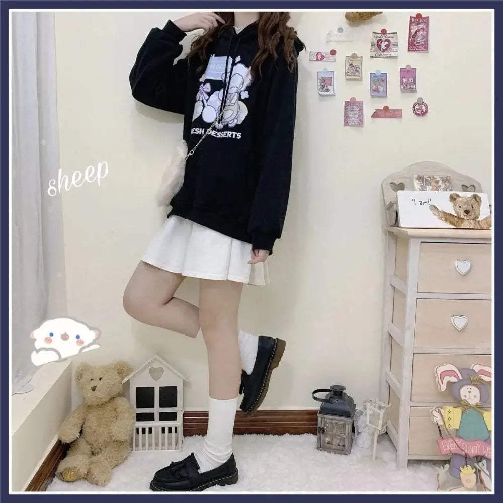 Little Lamb Dessert Hoodie - Black / XXXL - baby bun, bunny rabbit, dessert, fairy kei, harajuku