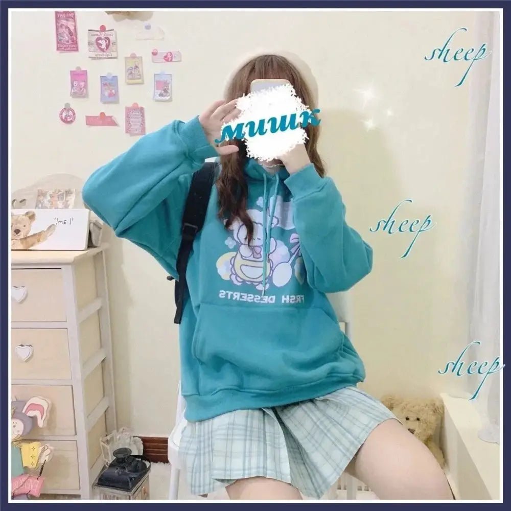 Kawaii Baby Lamb Dessert Hoodie with Sweet Details in Pastel Colors - Cosparty