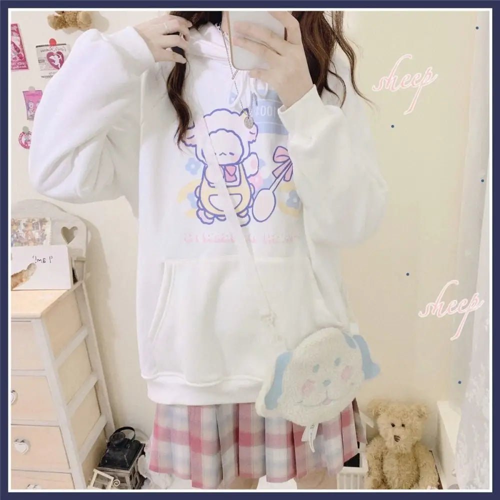 Kawaii Baby Lamb Dessert Hoodie with Sweet Details in Pastel Colors - Cosparty