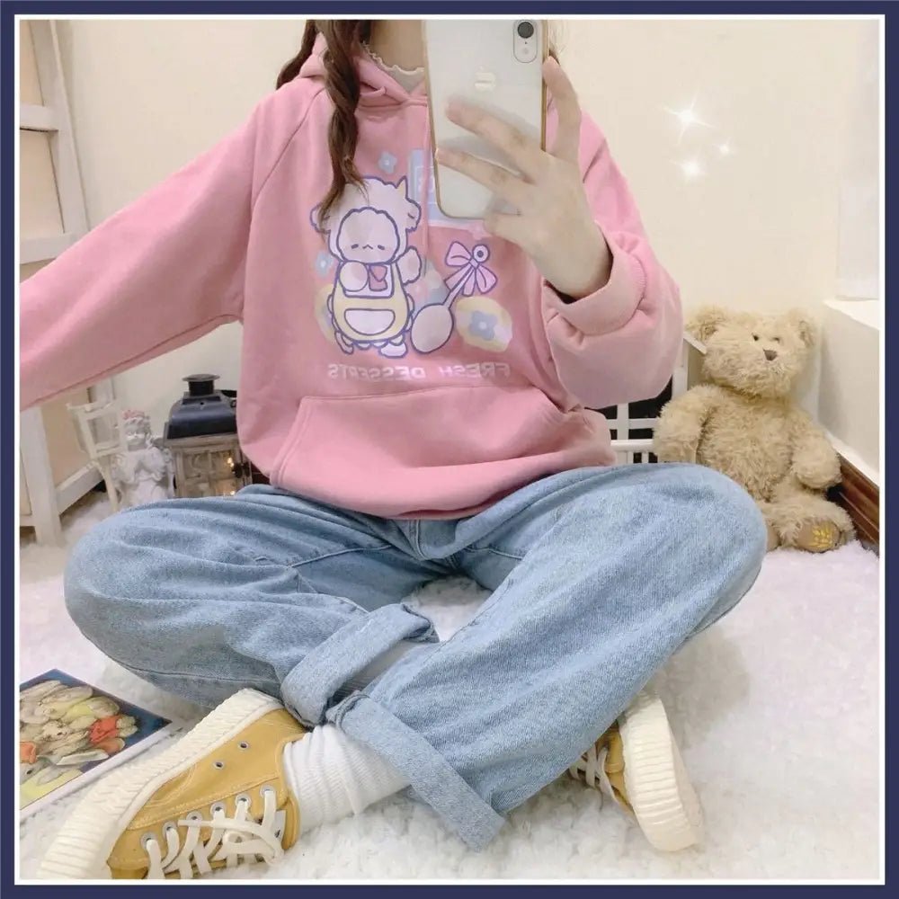 Kawaii Baby Lamb Dessert Hoodie with Sweet Details in Pastel Colors - Cosparty