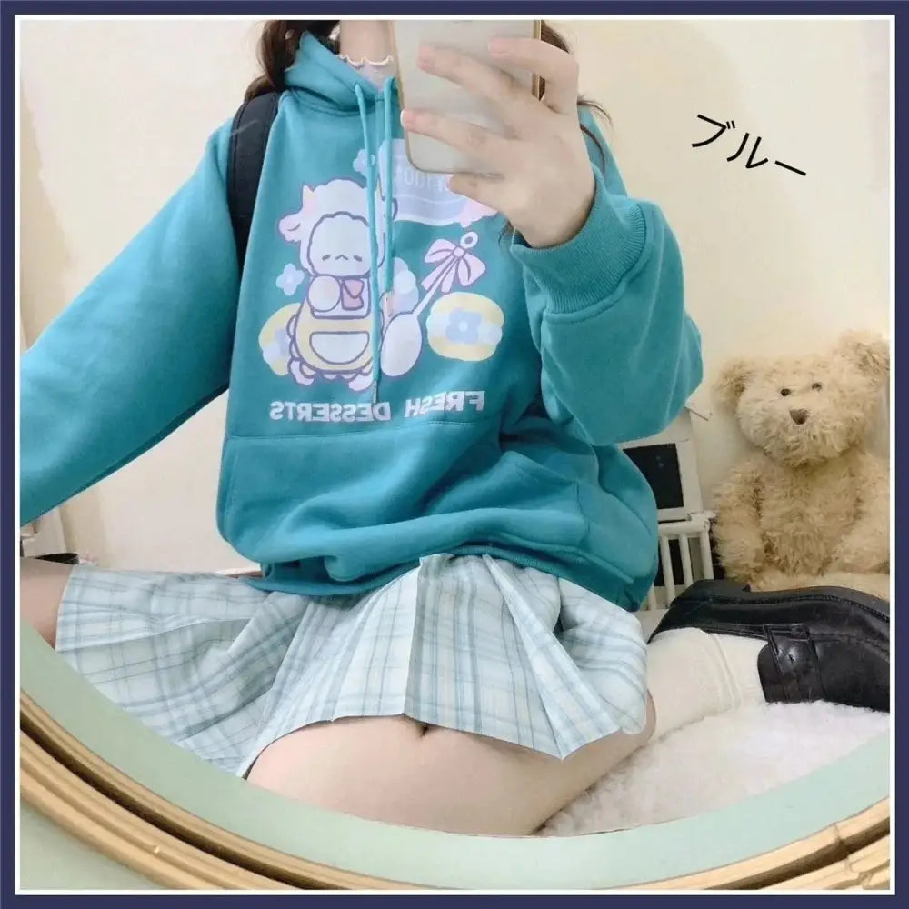 Little Lamb Dessert Hoodie - Teal / XXXL - baby bun, bunny rabbit, dessert, fairy kei, harajuku