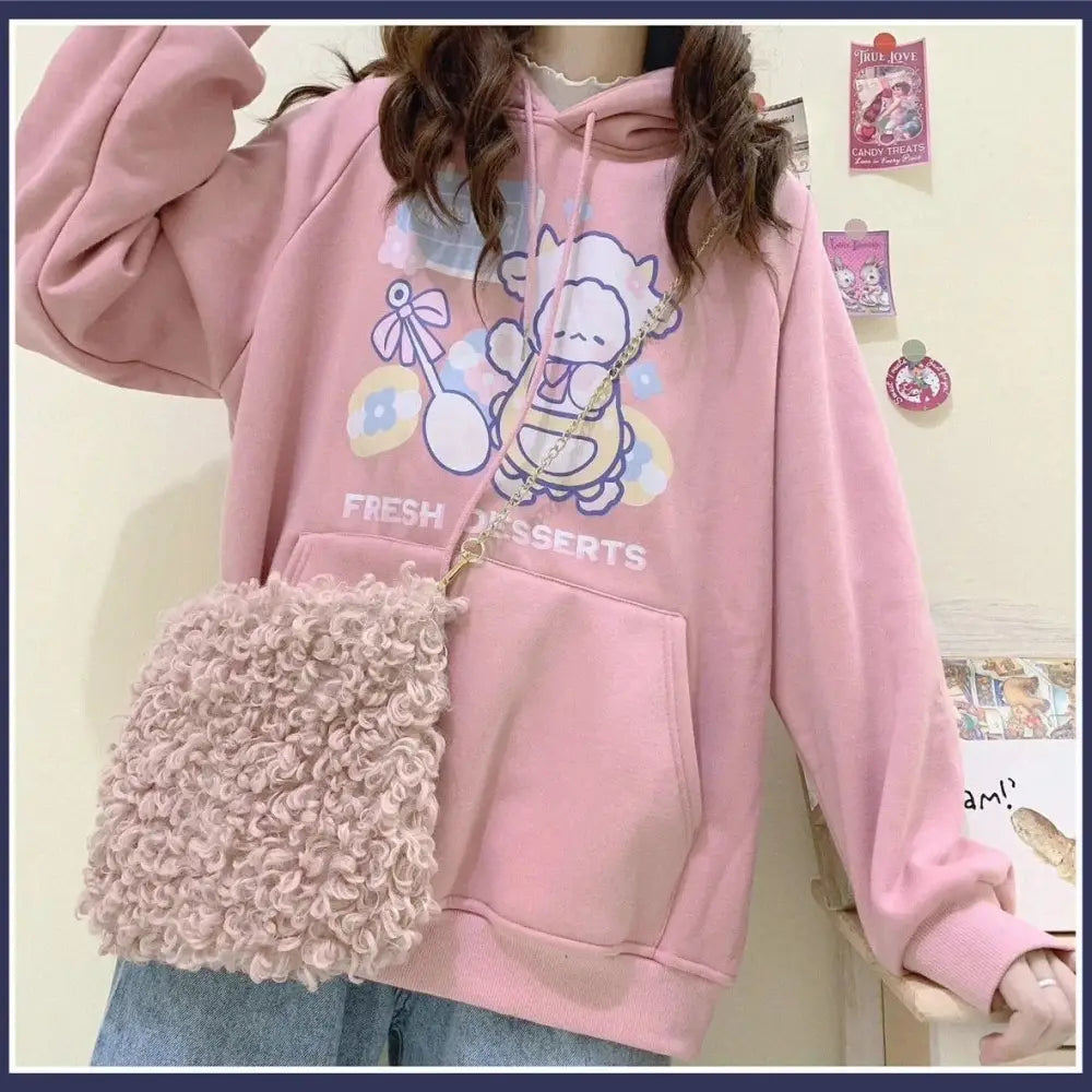 Little Lamb Dessert Hoodie - Pink / XL - baby bun, bunny rabbit, dessert, fairy kei, harajuku