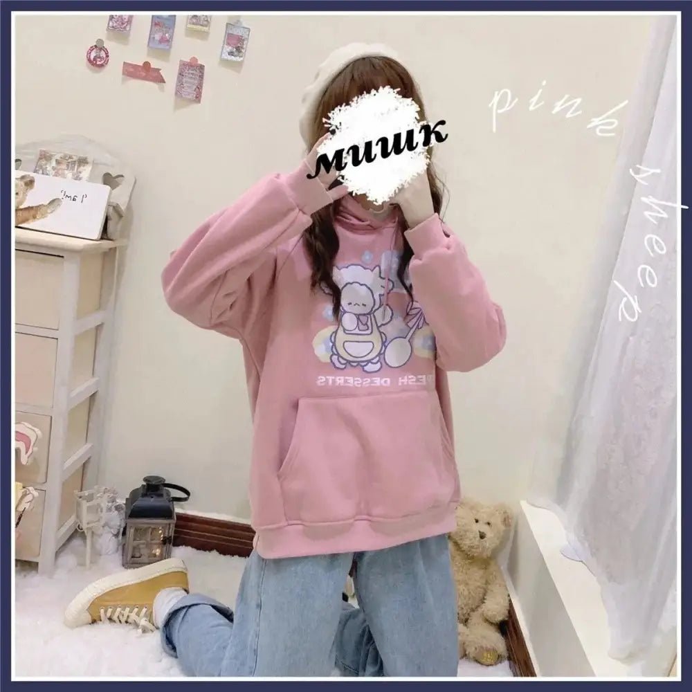 Kawaii Baby Lamb Dessert Hoodie with Sweet Details in Pastel Colors - Cosparty