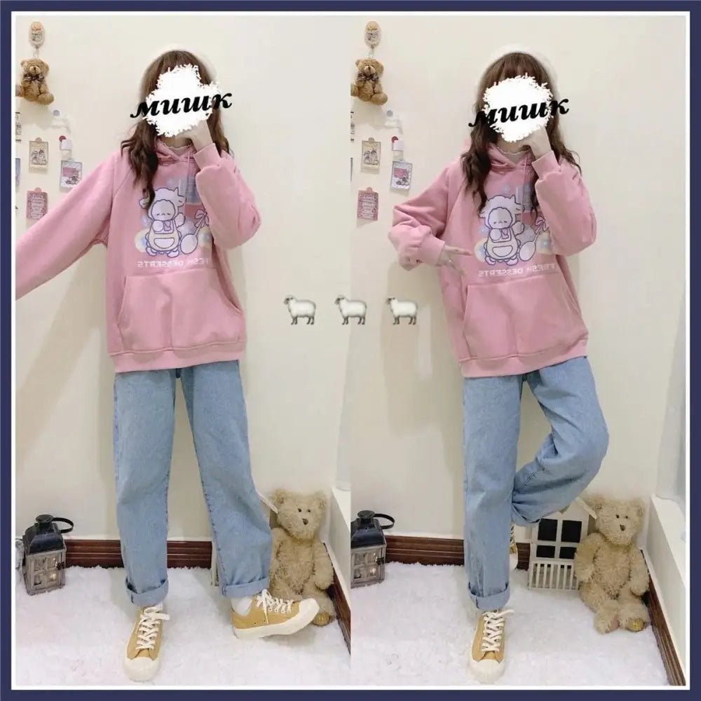 Kawaii Baby Lamb Dessert Hoodie with Sweet Details in Pastel Colors - Cosparty