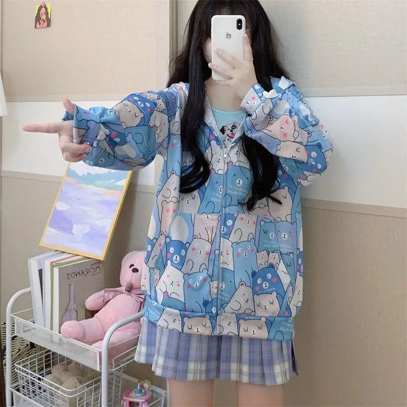 Kawaii Bear-Inspired Windbreaker Jacket for Pastel Fashion Lovers - sweater