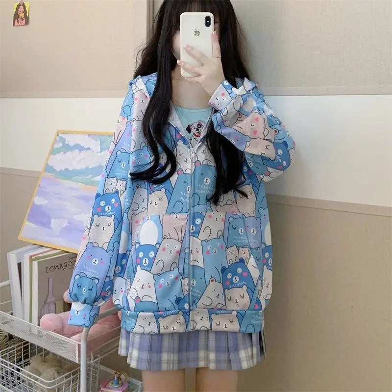 Kawaii Bear-Inspired Windbreaker Jacket for Pastel Fashion Lovers - sweater