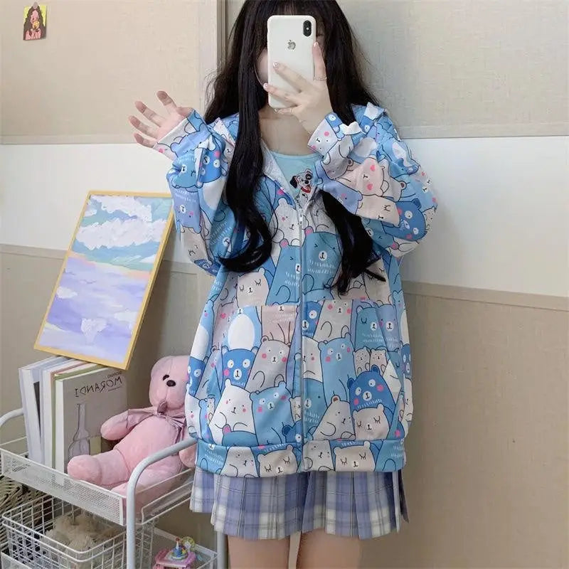 Kawaii Bear-Inspired Windbreaker Jacket for Pastel Fashion Lovers - sweater