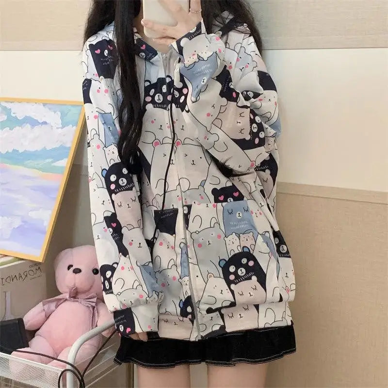 Kawaii Bear-Inspired Windbreaker Jacket for Pastel Fashion Lovers - sweater