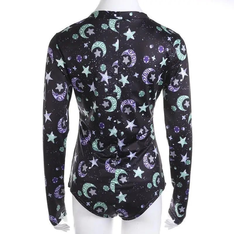 Kawaii Black Star and Moon Long Sleeve Sleeper Bodysuit - Cosparty